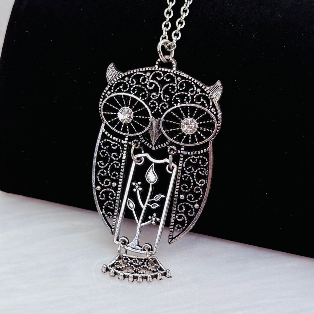 Aged Silvertone, large hinged owl pendant, with long chain necklace